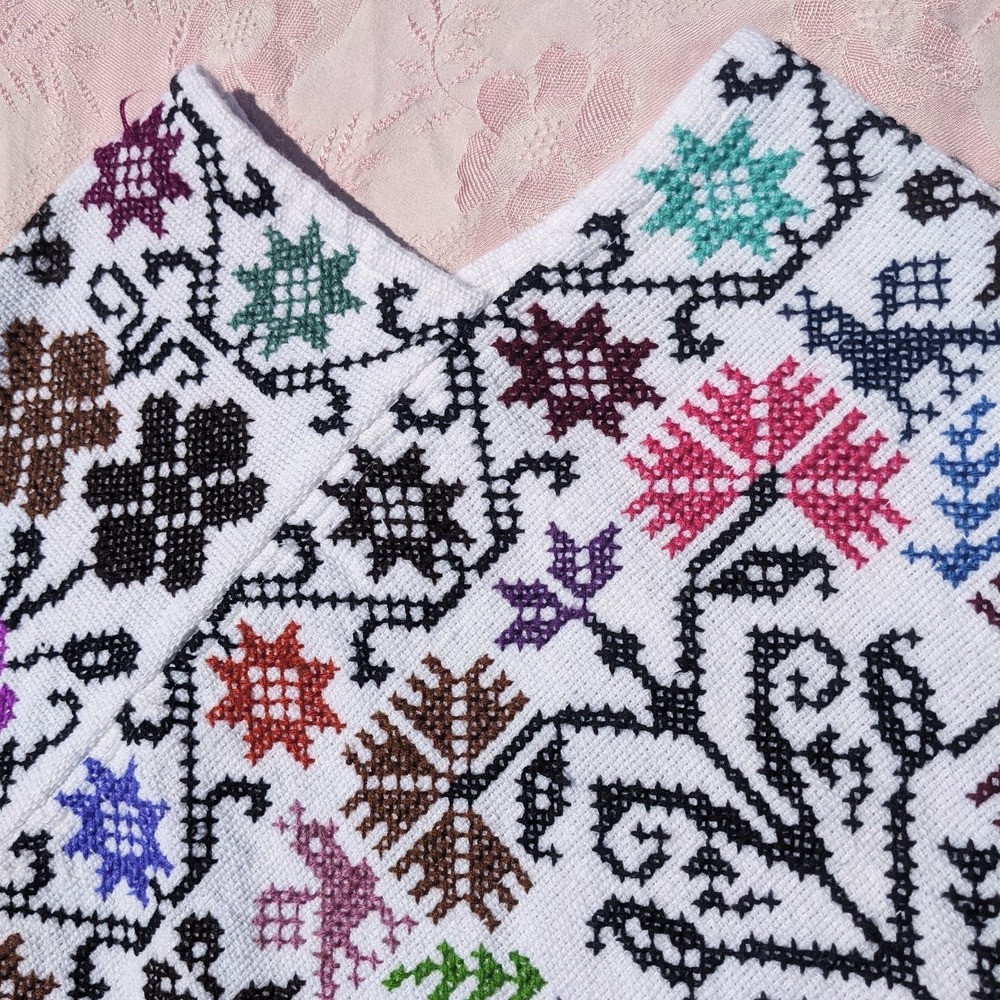 Mexican Hand Embroidered Poncho Artisanal Cross-Stitch Floral Peacock Boho Cape - Picture 10 of 13
